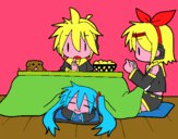 Miku, Rin y Len desayunando