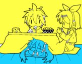 Miku, Rin y Len desayunando