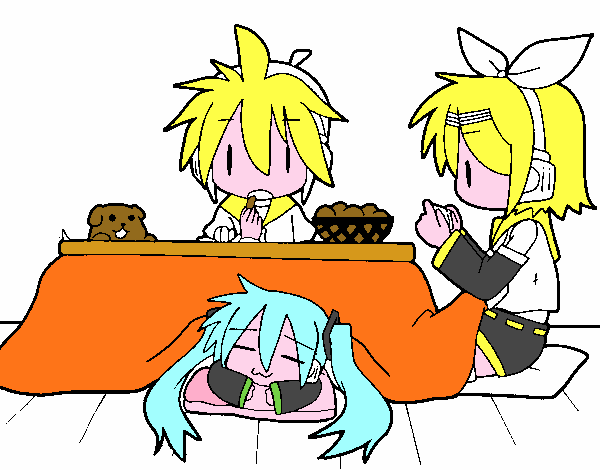 Miku, Rin y Len desayunando