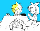 Miku, Rin y Len desayunando