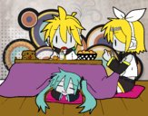 Miku, Rin y Len desayunando