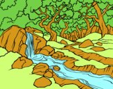 Dibujo Paisaje de bosque con un río pintado por surisarai