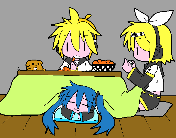 Miku, Rin y Len desayunando