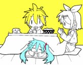 Miku, Rin y Len desayunando