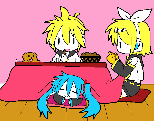 Miku, Rin y Len desayunando