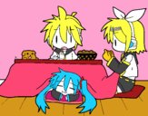 Miku, Rin y Len desayunando