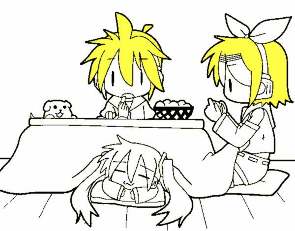 Miku, Rin y Len desayunando