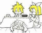 Miku, Rin y Len desayunando