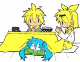 Miku, Rin y Len desayunando