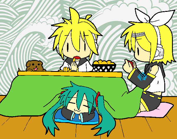 Miku, Rin y Len desayunando