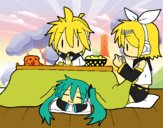 Miku, Rin y Len desayunando