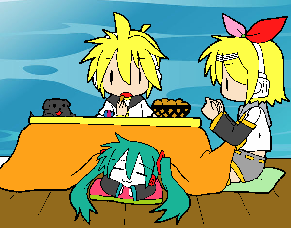 Miku, Rin y Len desayunando