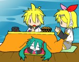 Miku, Rin y Len desayunando