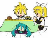 Miku, Rin y Len desayunando