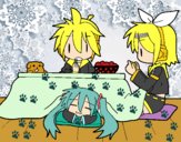 Miku, Rin y Len desayunando