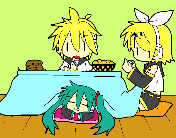 Miku, Rin y Len desayunando