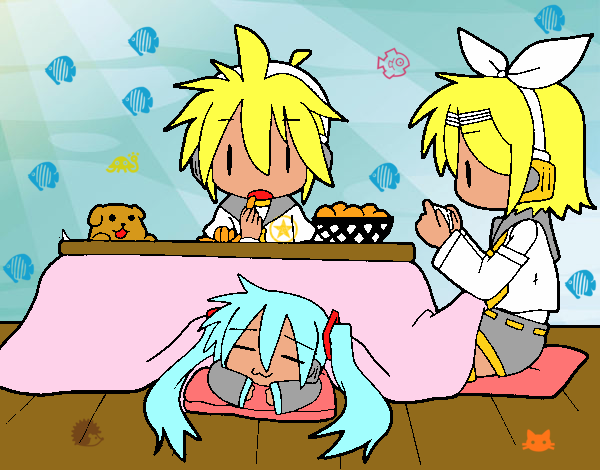 Miku, Rin y Len desayunando