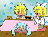 Miku, Rin y Len desayunando