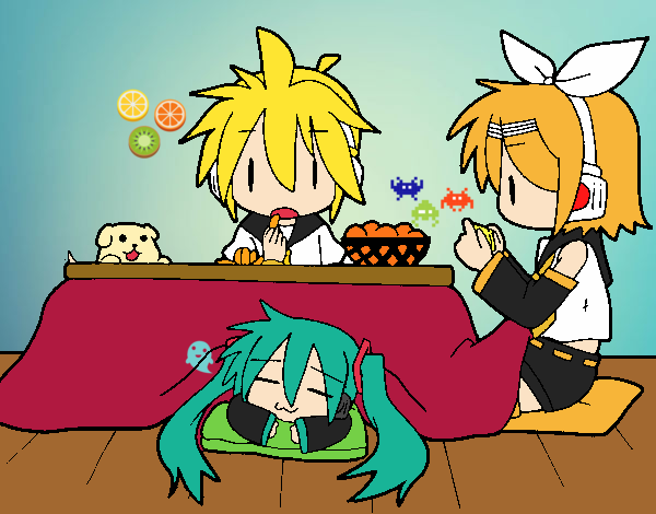 Miku, Rin y Len desayunando