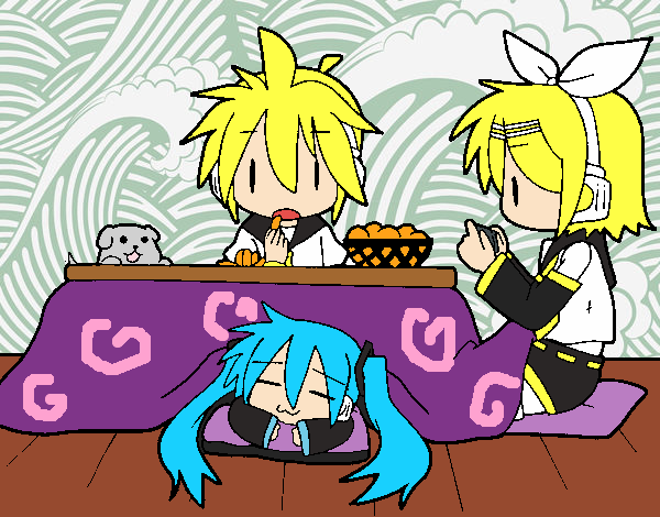 Miku, Rin y Len desayunando