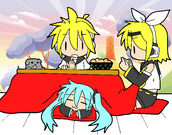 Miku, Rin y Len desayunando