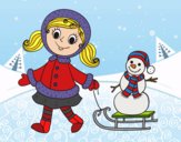 Dibujo Niña con trineo y muñeco de nieve pintado por queyla