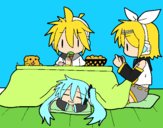 Miku, Rin y Len desayunando