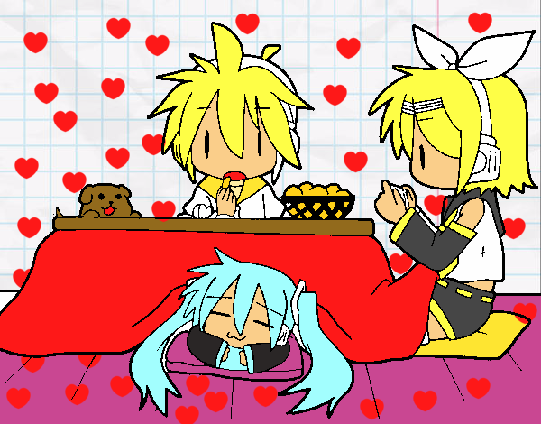 Miku, Rin y Len desayunando