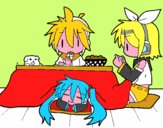 Miku, Rin y Len desayunando