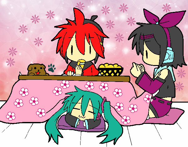 Miku, Rin y Len desayunando