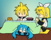 Miku, Rin y Len desayunando