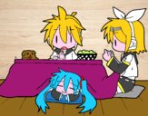 Miku, Rin y Len desayunando