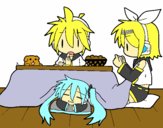 Miku, Rin y Len desayunando