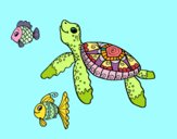 Tortuga de mar con peces