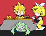 Miku, Rin y Len desayunando