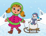 Dibujo Niña con trineo y muñeco de nieve pintado por ELPRO25