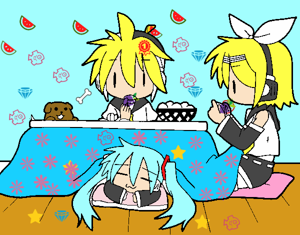 Miku, Rin y Len desayunando