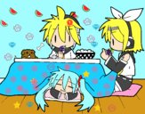 Miku, Rin y Len desayunando