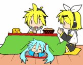 Miku, Rin y Len desayunando