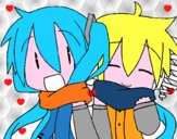 Dibujo Miku y Len con bufanda pintado por luna204mel