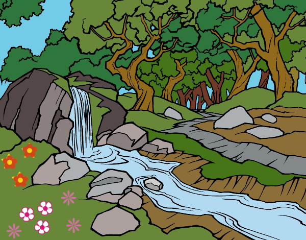 Dibujo Paisaje de bosque con un río pintado por queyla