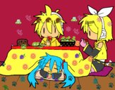 Miku, Rin y Len desayunando