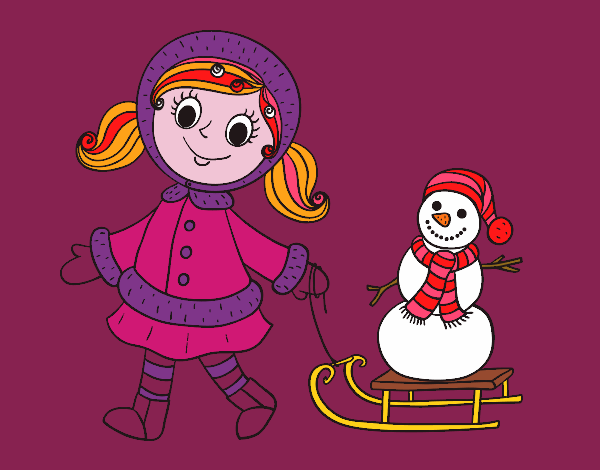 Niña con trineo y muñeco de nieve