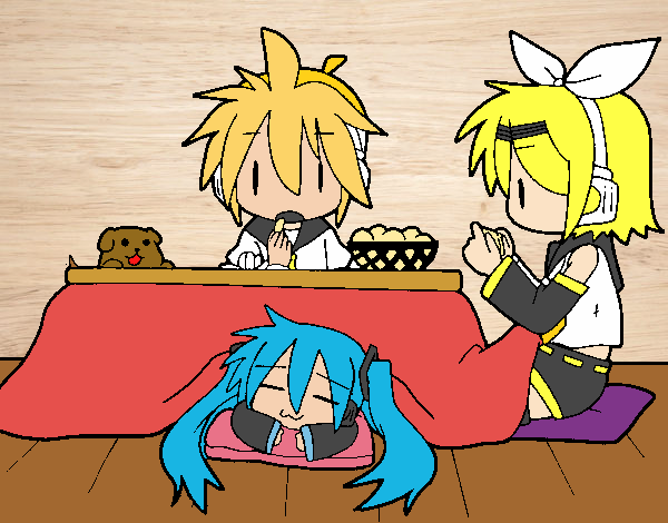 Miku, Rin y Len desayunando