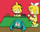 Miku, Rin y Len desayunando