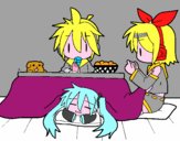 Miku, Rin y Len desayunando