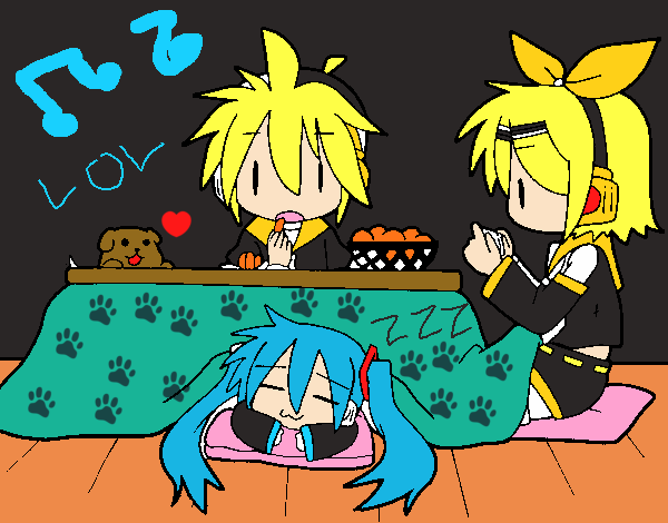 Miku, Rin y Len desayunando