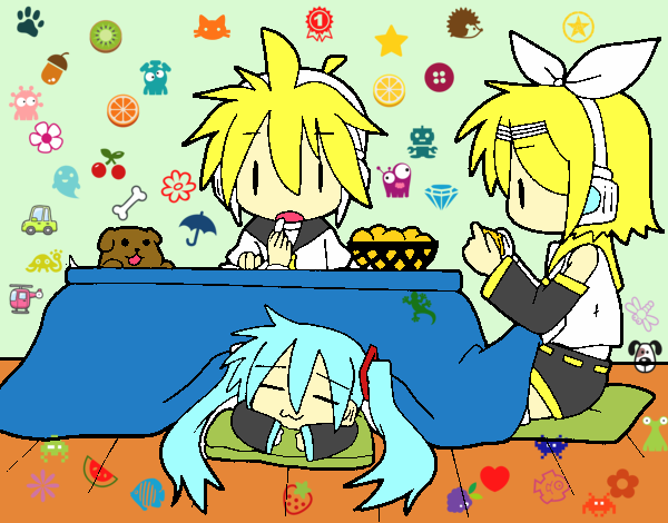 Miku, Rin y Len desayunando