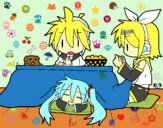 Miku, Rin y Len desayunando