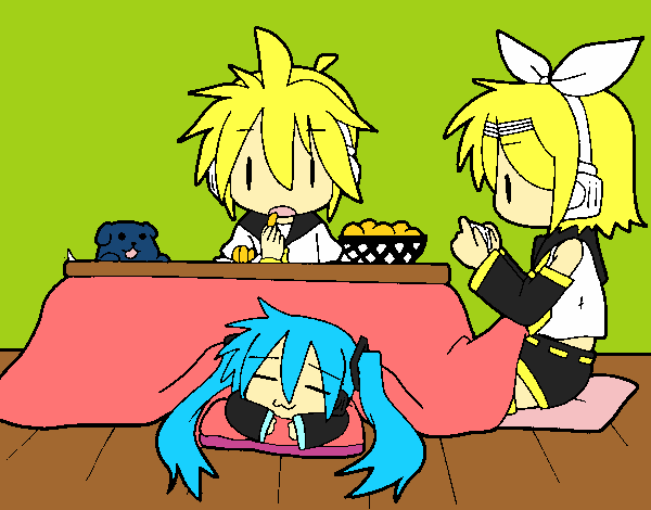 Miku, Rin y Len desayunando